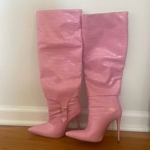 Pink faux Croc knee high boots